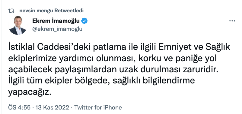 ekrem imamoglu ndan taksim deki patlama ile ilgili ilk aciklama